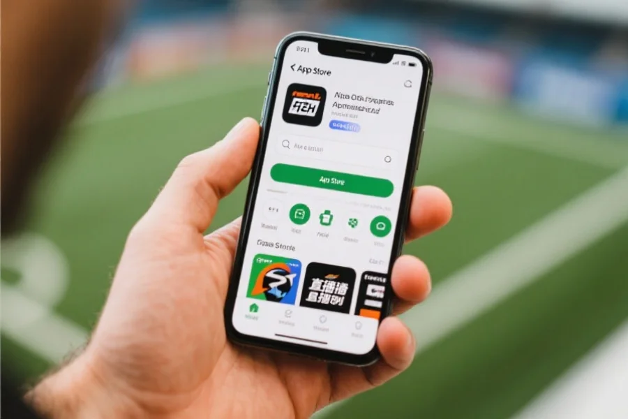 一只手握着iPhone,屏幕上显示App Store界面,正在搜索和下载体育直播应用