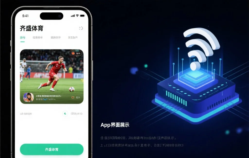 齐盛体育App界面展示,屏幕上流畅播放着精彩体育赛事,旁边有网络信号标志和科技特效元素