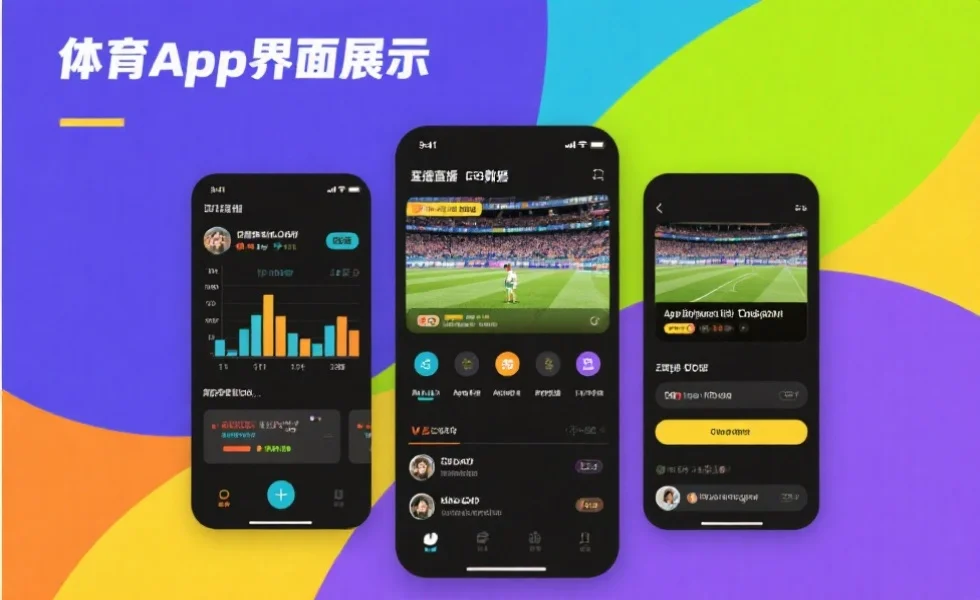 体育App界面展示,包括赛事直播、数据统计和互动评论功能的综合画面,色彩鲜明,界面现代
