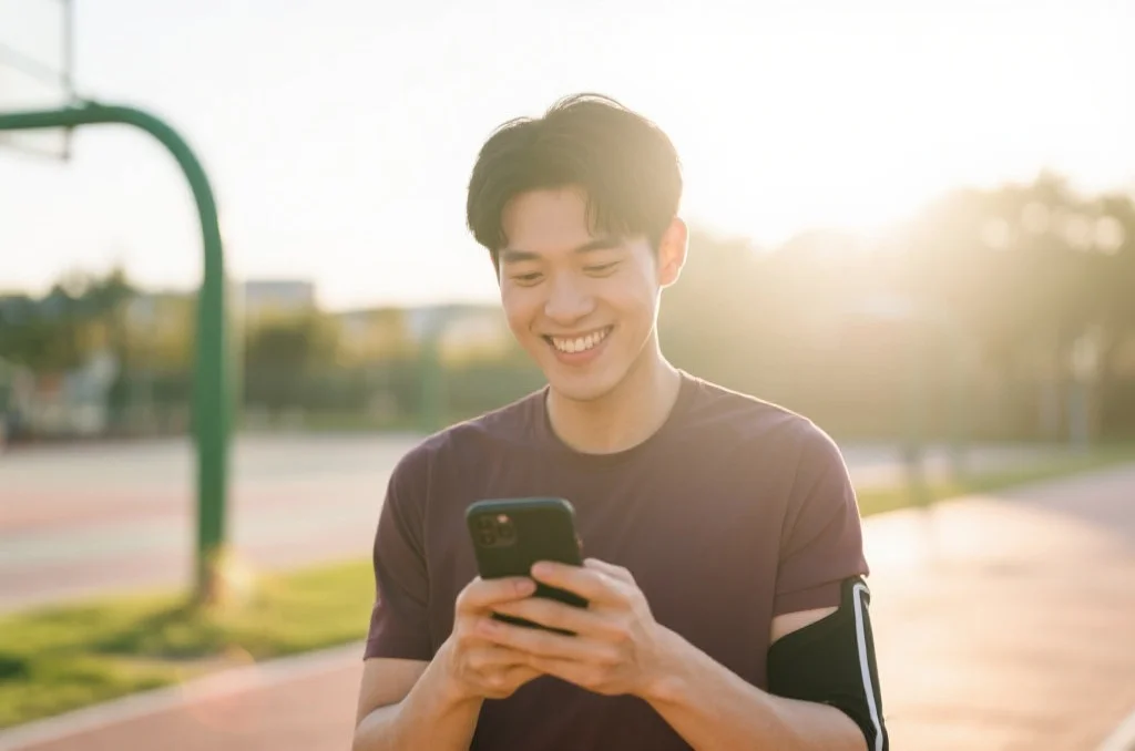 一位年轻运动爱好者在户外使用手机App,面带微笑,背景是阳光明媚的运动场景